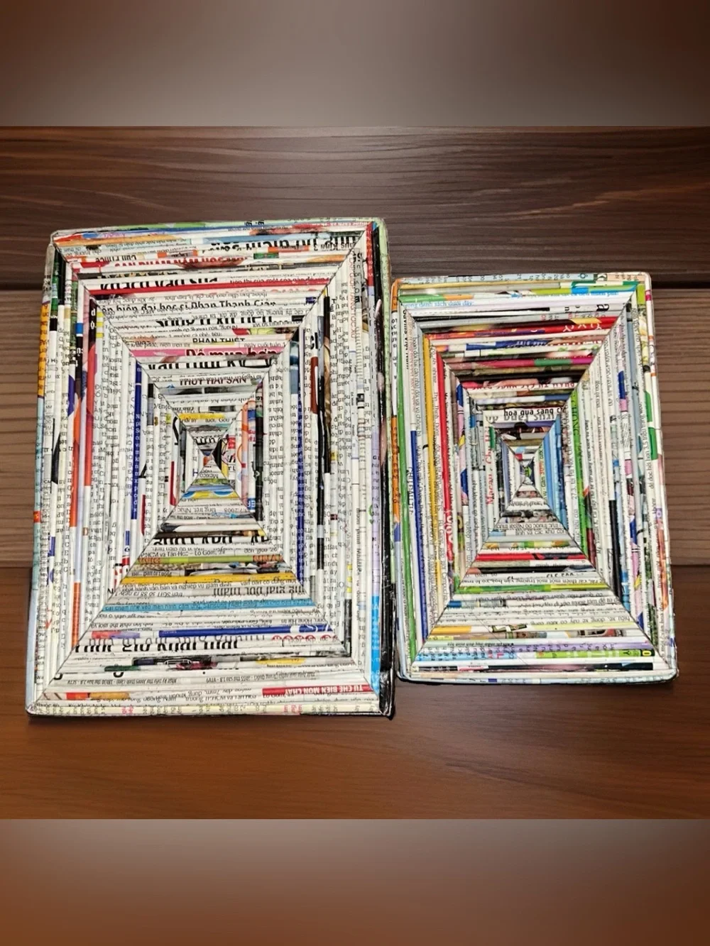 2 Recycled Newspaper Magazine Baskets Storage Bins Eco Friendly Folk Art